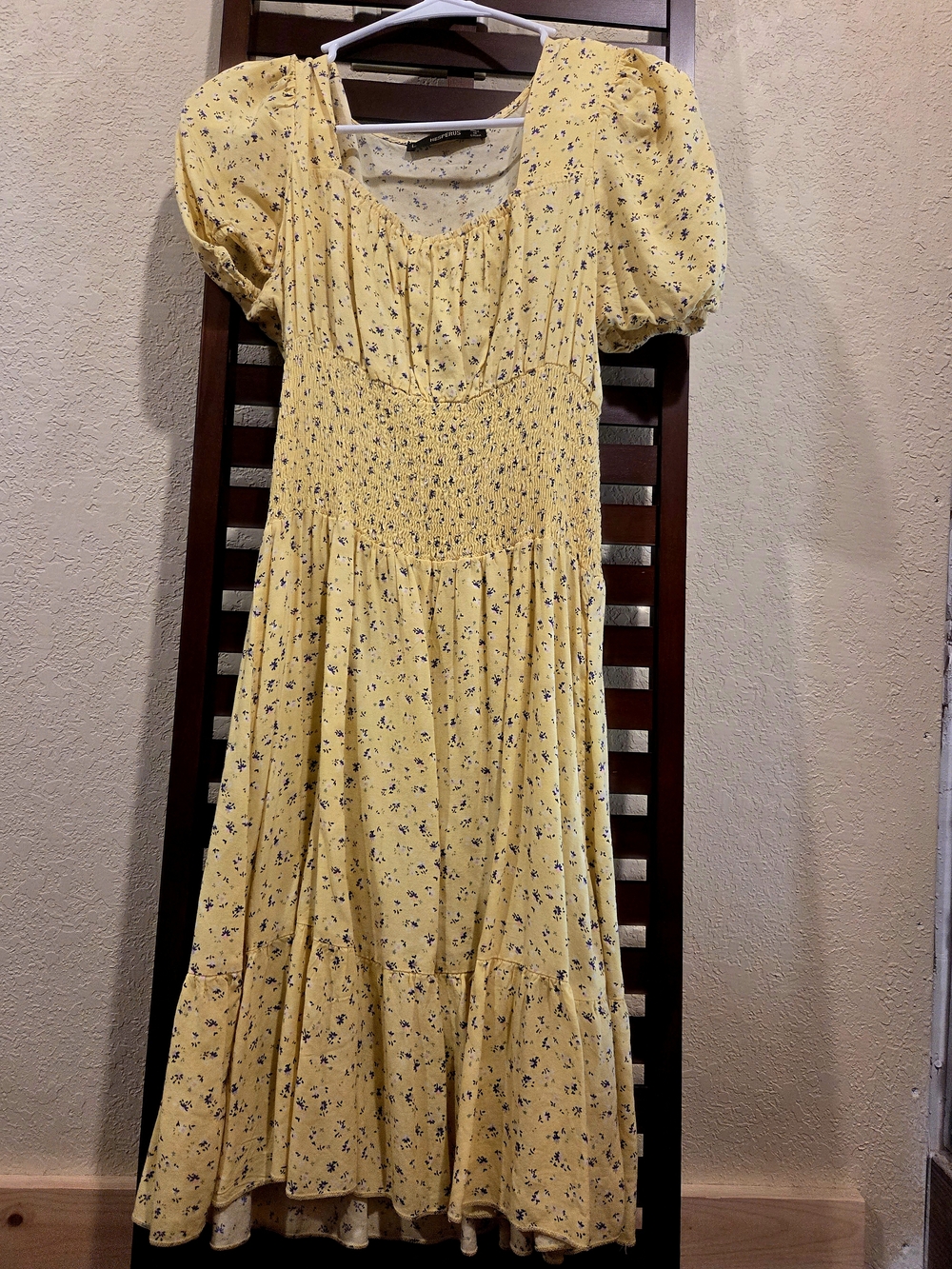 Yellow Floral Puff-Sleeve Midi Dress